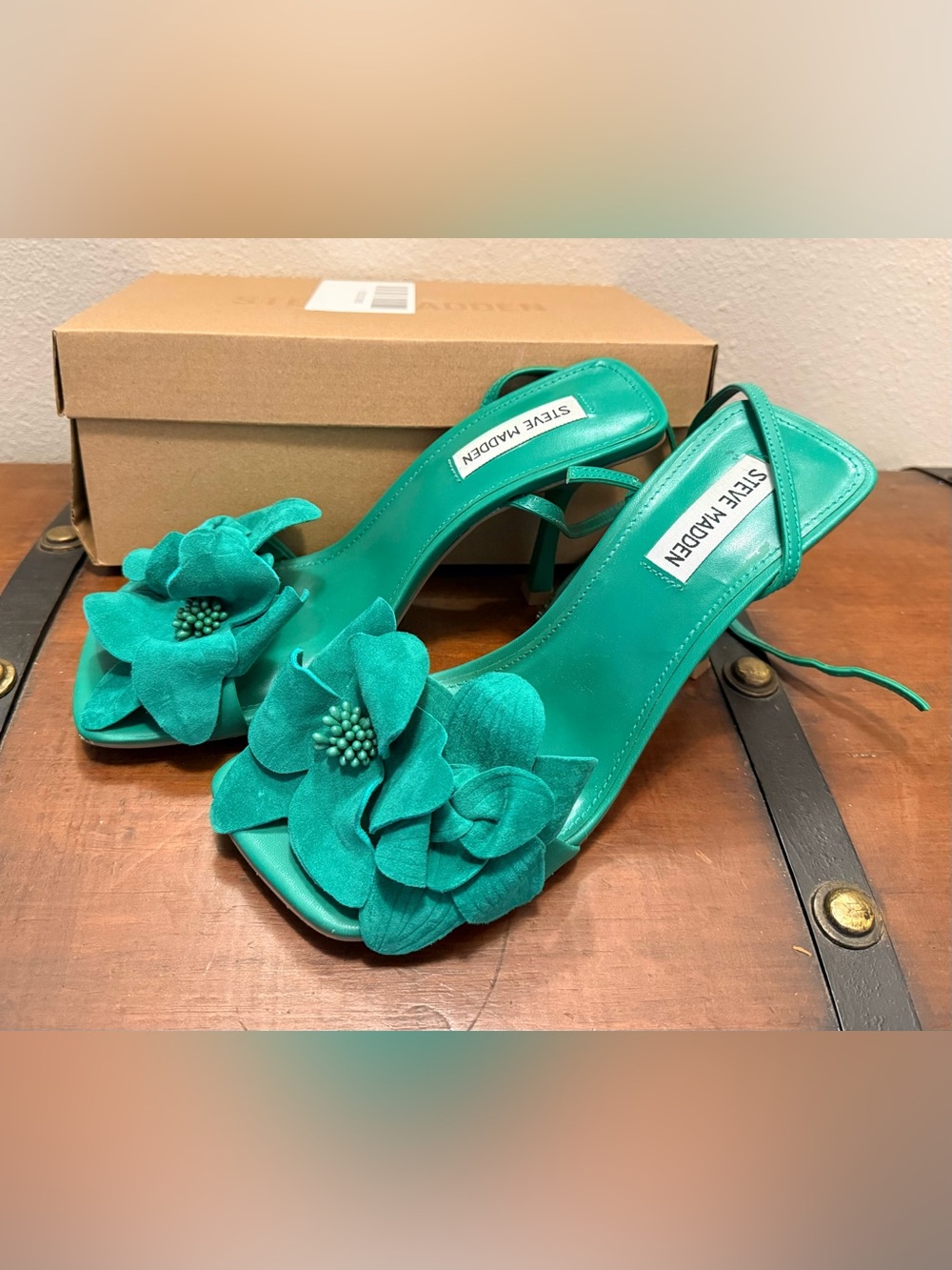 Steve Madden Emerald Green Floral Open-Toe Heels